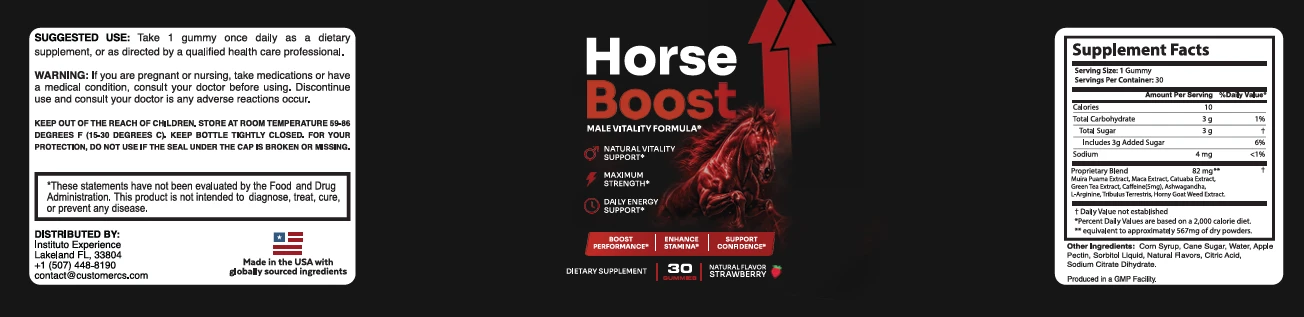 Horse Boost supplement facts, suggested use and warning label